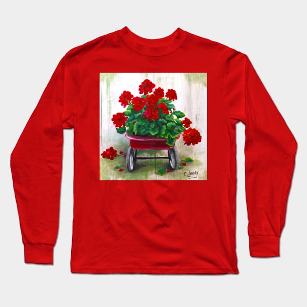 The Red Wagon with Gerainiums Long Sleeve T-Shirt by Carol Landry Fine Art 